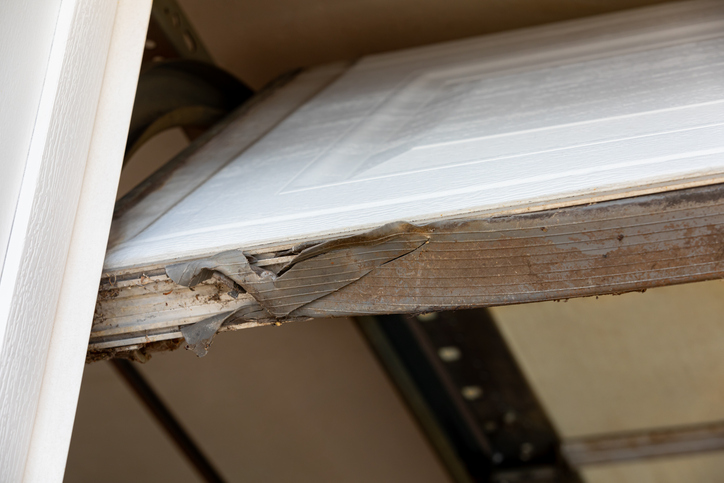 Torn weather stripping on a garage door.