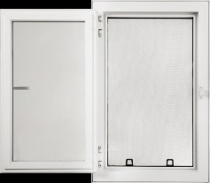 White egress window two-panel product shot showing closed and open positions