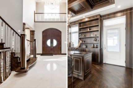 Two interior photos of Kyle Lowry's Toronto home entryway and office.