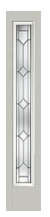 Narrow sidelight glass panel with intricate diamond-pattern leaded glass design in beige frame