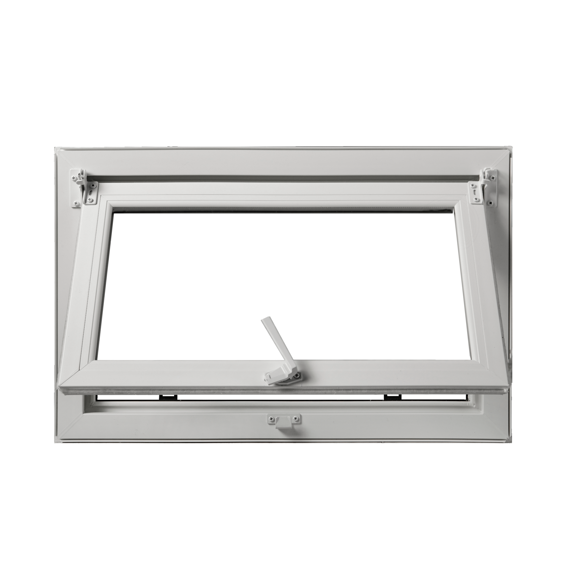 White hopper-style egress window product shot on white background