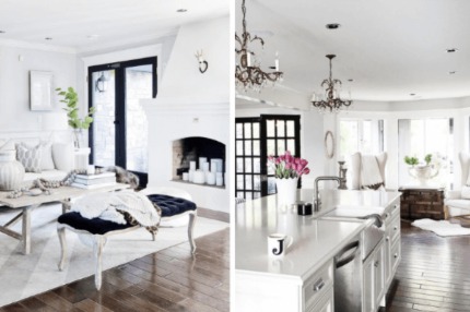 Two photos of the inside of the Kelowna home once owned by Jillian Harris. It features white walls and black doors. 