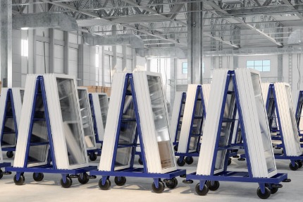 A photo of new vinyl windows on carts, in a warehouse.